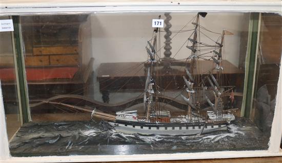 A scratchbuilt waterline model of a three masted barque, in glazed case	 width 93cm height 49cm